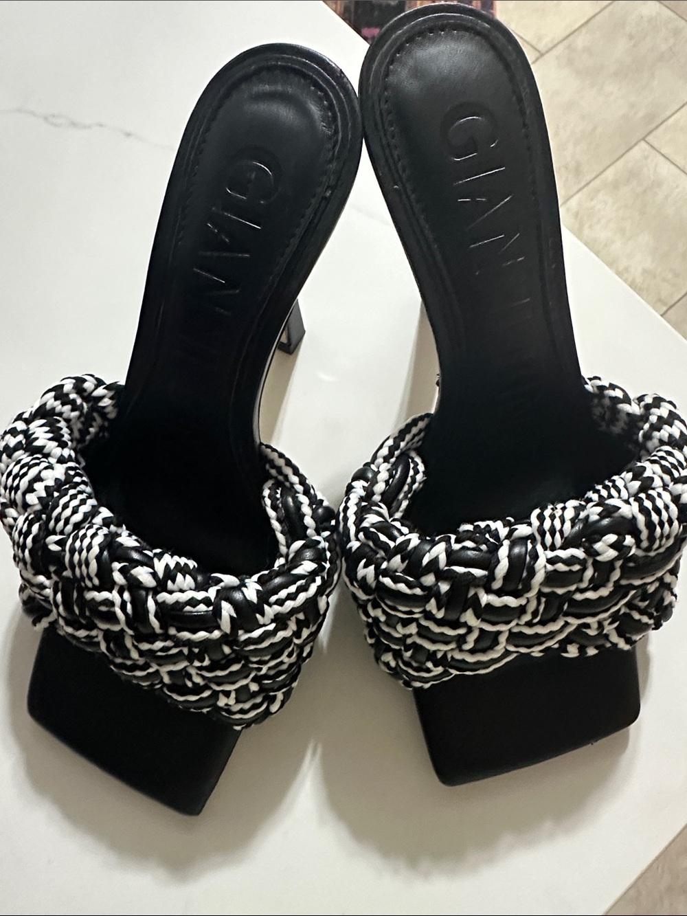 Gianni Bini Black & White Braided Slide Mule Heels